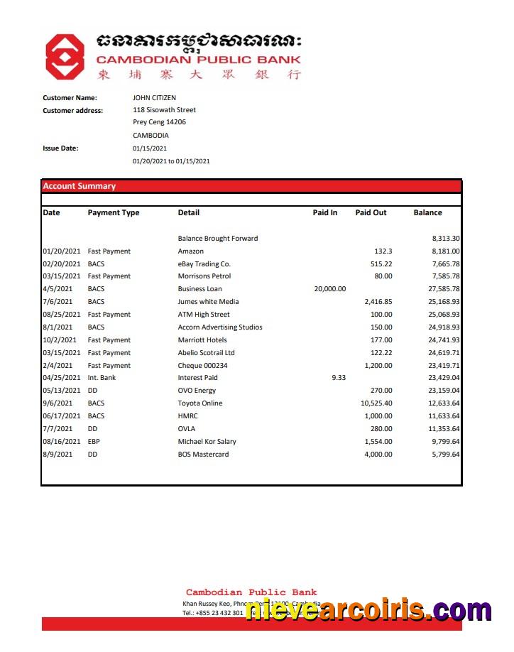 Cambodia Cambodian Public Bank statement easy to fill in Excel and PDF format